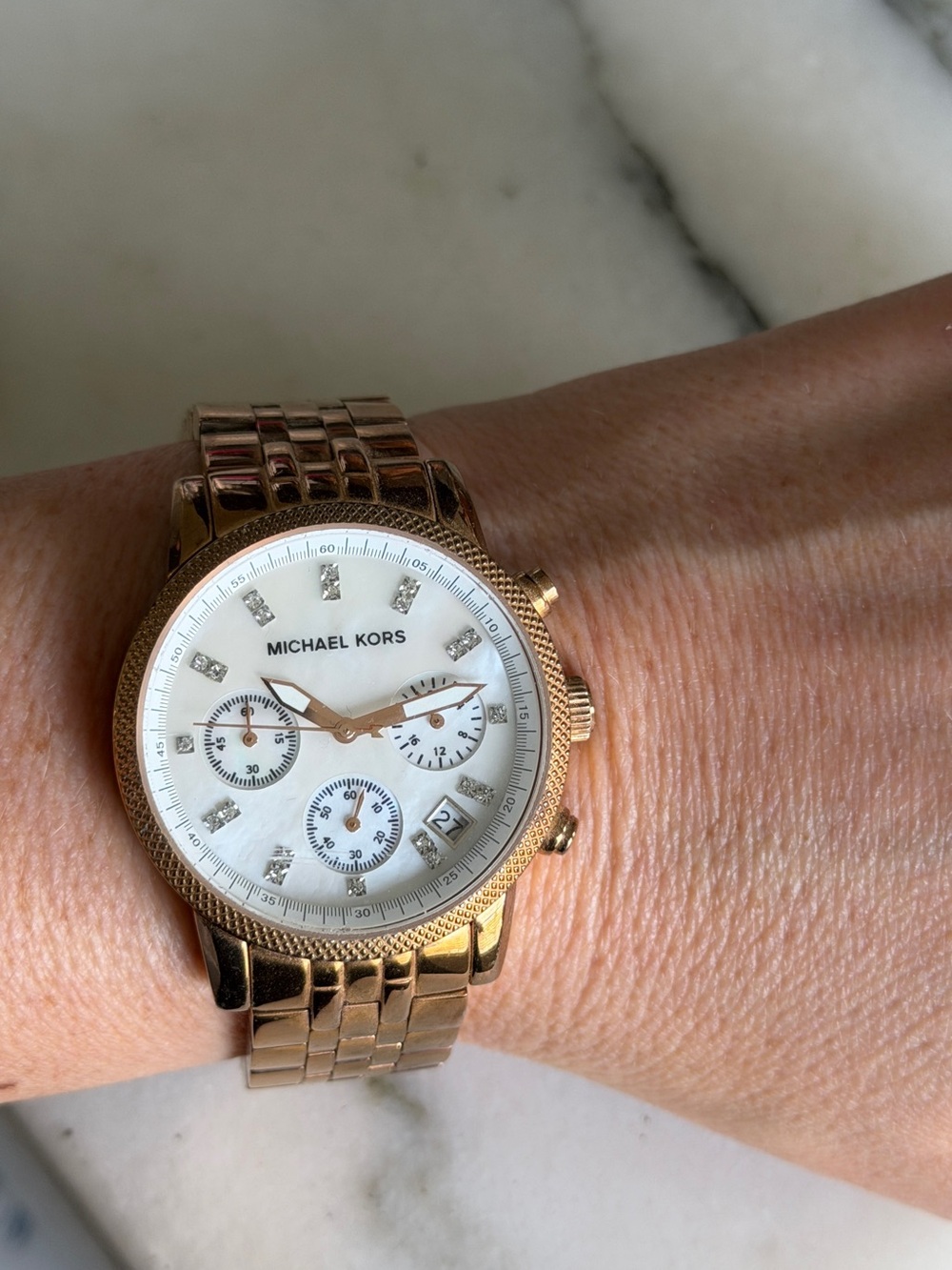 Vintage Michael Kors Rose Gold Chronograph Watch with Diamond Accents Pearl Dial